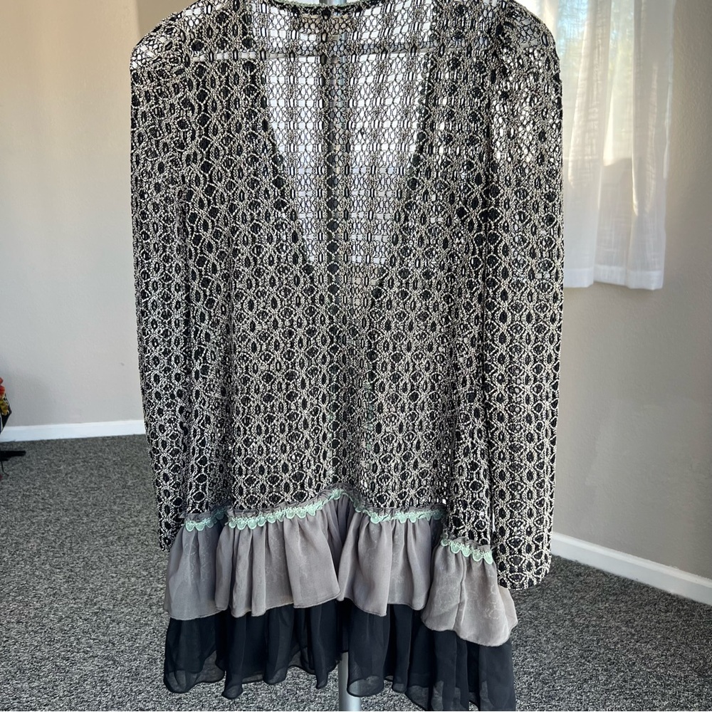 A'Reve Lace Knit Cardigan with Ruffle Hem in Black Gray Beige and Sage - Picture 2 of 8